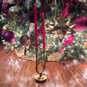 Vintage Mid Century Modern Brass Horn Candleholder Table & Vintage Candles